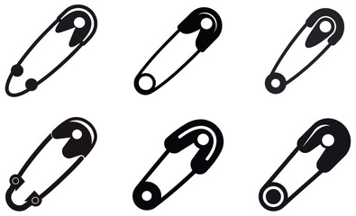 Six safety pin icons isolated on white background.