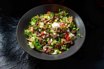 Colorful Plate of Tasty Taco Salad with Creamy Sour Cream and Crispy Tortilla Strips