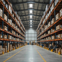 Fototapeta premium A spacious warehouse interior with tall shelves, stacked pallets, scattered boxes, and industrial equipment.