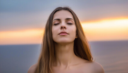 Fototapeta premium A close-up portrait of a woman with long hair blowing in the wind, eyes closed, with the soft colors of a sunset behind her.