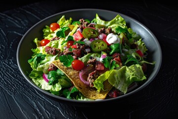 Crunchy Ground Beef Topped Romaine Lettuce Salad
