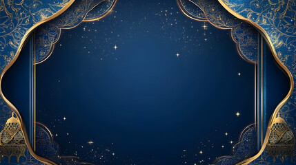 Lush blue Islamic background with golden accents and delicate patterned frames for religious banners