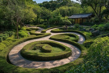 Serene garden path winds through lush green hedges.