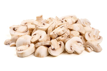 White champignons mushrooms, isolated on white background.