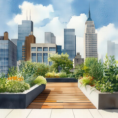 Fototapeta premium stunning watercolor of urban rooftop garden featuring vibrant plants, wooden pathways, and city skyline backdrop. scene evokes tranquility amidst urban life