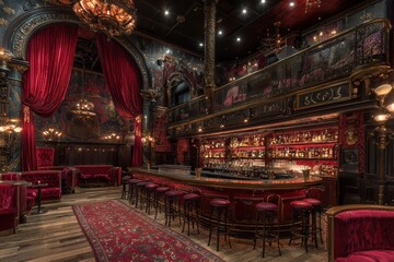 Jazz club inspired lounge urban setting high fidelity bar elegant environment interior viewpoint sophisticated ambiance