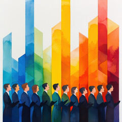vibrant watercolor painting of choir singing, featuring colorful geometric shapes in background. artwork conveys sense of harmony and joy