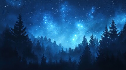 Naklejka premium Starry Night Sky Above a Dark Forest of Pine Trees