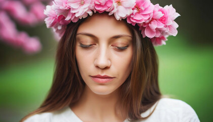 Naklejka premium Extreme close up portrait of a woman with a soft expression, wearing a delicate flower crown, surrounded by blurred greenery and pink blossoms.