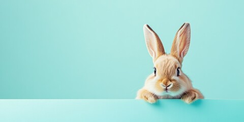 Obraz premium Curious rabbit peeking over turquoise background with upturned ears