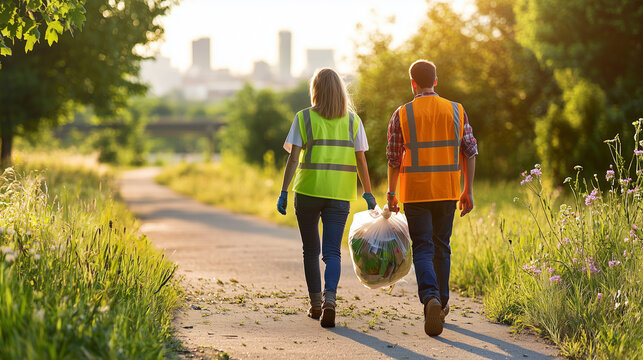 Volunteers cleaning up park area in the late afternoon sun