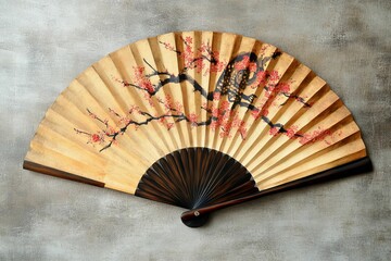 Elegant hand fan, cherry blossom design, dark wood.