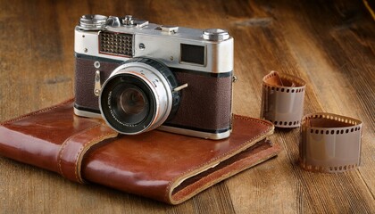 오래된 브라운 가죽 케이스에 담긴 빈티지 필름 카메라