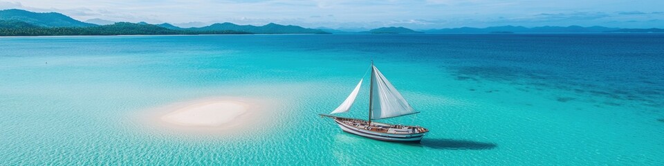 Naklejka premium drone shot of yacht anchored near sandbar surrounded by shallow crystal-clear waters and distant mountains