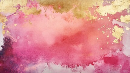 Fototapeta premium Abstract watercolor texture, gold accents, pink, red background; design element