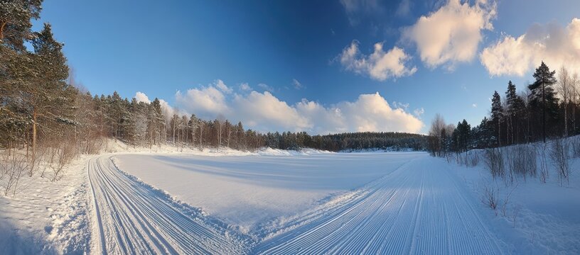 Winter Cross Country Ski Trails Through Snowy Forest
