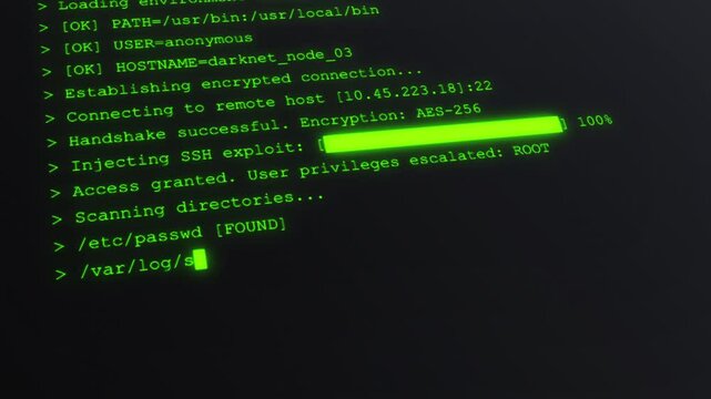 Hacker interface active: encryption bypassed, access granted. Encrypted fast scrolling programming. Hacker-style code in green terminal. System breach detected: unauthorized access in progress