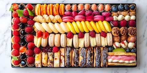 Dessert Platter Extravaganza: A stunning array of colorful macarons, fresh berries, and decadent pastries artfully arranged on a large rectangular platter, creating a feast for the eyes.  