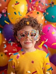 Obraz premium Child with Colorful Mask and Party Confetti 