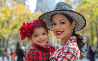 Mother and daughter wear matching outfits in a lively city park during autumn with colorful trees