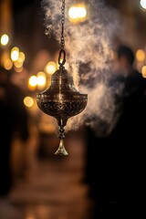 Censer spreading incense during holy week religious celebration.
