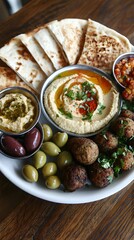 Mediterranean Feast: A vibrant assortment of Middle Eastern delights, including creamy hummus, flavorful falafel, fresh olives, and warm pita bread, sets a tantalizing table for a shared meal. 