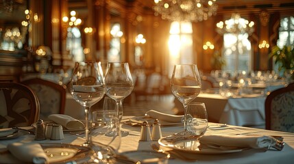 Elegant restaurant table setting at sunset, showcasing wine glasses, plates, and silverware.