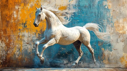 White horse running, textured background, artistic photo, equine art