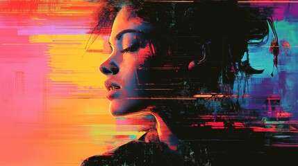 Cyberpunk glitch portrait of woman with neon digital distortion effects
