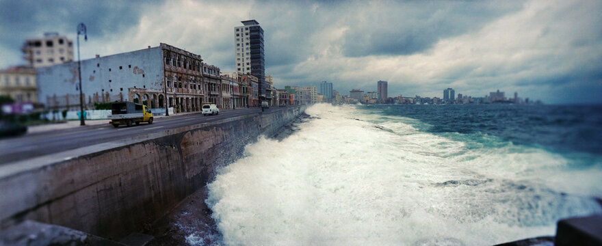 Waves splashing into the Malecon, Havana, Cuba.