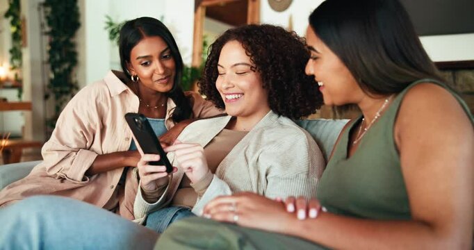 Friends, phone and support with women on sofa for social media post, share memory and connection. Streaming, show and smile with people in living room at home for search, gossip and online news