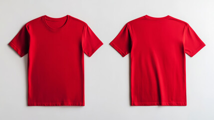 Fisheye angle minimalist photo of a blank red T shirt mockup, front and back views displayed symmetrically on a clean white background