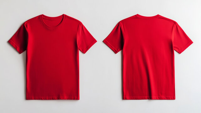 Fisheye angle minimalist photo of a blank red T shirt mockup, front and back views displayed symmetrically on a clean white background