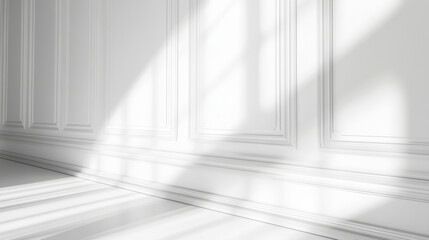 Fototapeta premium Elegant white paneled wall featuring decorative molding, softly illuminated, highlighting minimalist interior design aesthetic with refined architectural details