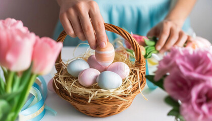 Extreme close up of a woman's hand gently placing an Easter egg into a basket, surrounded by fresh flowers and soft pastel tones.