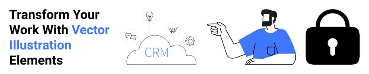 Cloud labeled CRM with icons for ideas, tools, and process, pointing man, and secure lock. Ideal for technology, data management, creativity, teamwork UX design learning flat landing page banner