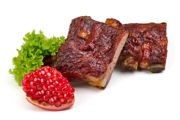 Roasted pork ribs in BBQ sauce with herbs, isolated on white background.
