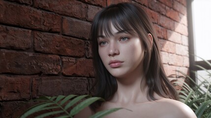 Fototapeta premium Realistic portrait of a young woman with long hair standing against a brick wall surrounded by plants
