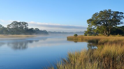 Serene river mist, sunrise landscape, tranquil nature scene, ideal for travel brochures