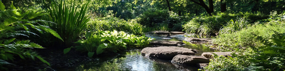 Fototapeta premium Garden Stream with Stepping Stones and Lush Vegetation