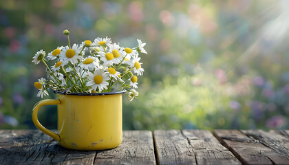 Fototapeta premium bouquet of daisies in a vase, Yellow Enamel Mug Overflowing With Fresh Daisies