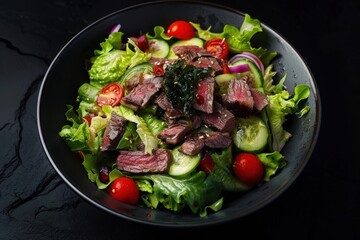 Perfectly Cooked Grilled Beef on Romaine Lettuce Salad