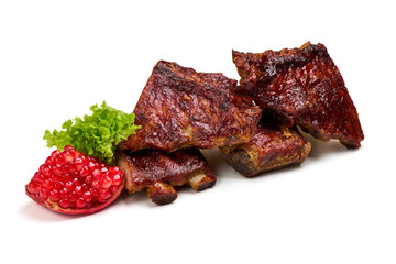 Roasted pork ribs in BBQ sauce with herbs, isolated on white background.