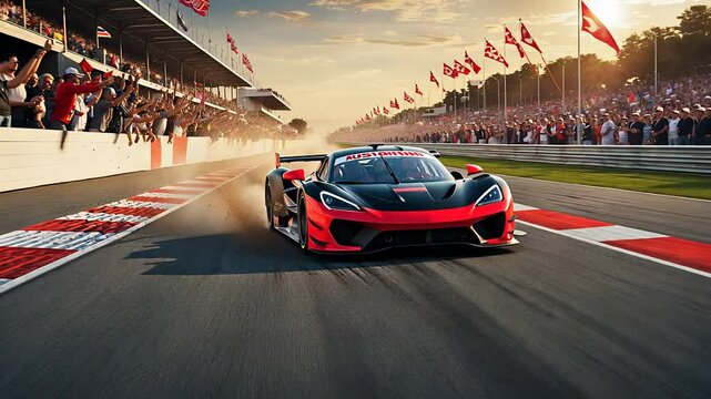 High-Speed Race Car on a Professional Track with Motion Blur, Cheering Crowd, and Red Flags in the Background


