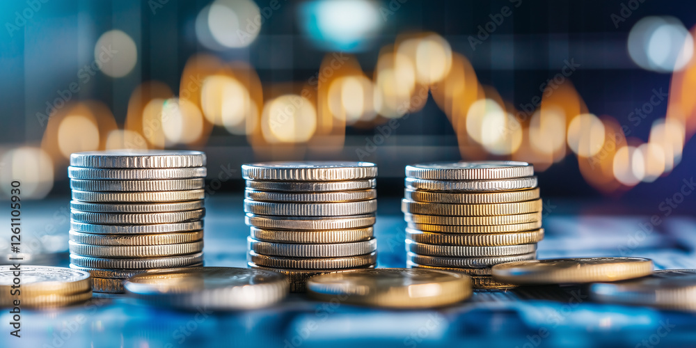 Poster stacks of coins with blurred financial graph background