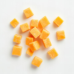 Frozen Mango Cubes on White Background: Top-Down View of Fresh, Healthy Fruit