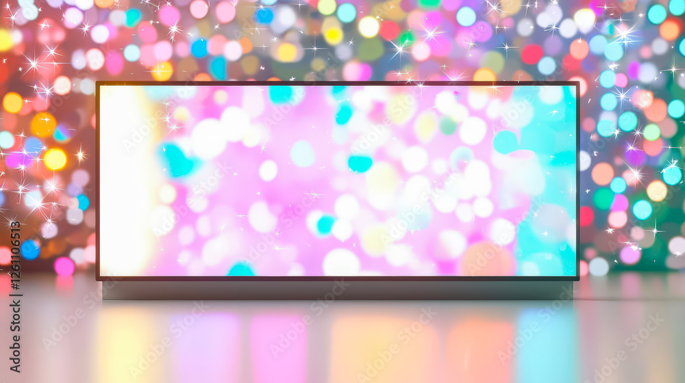 Poster Colorful bokeh lights create a festive atmosphere around a blank display screen