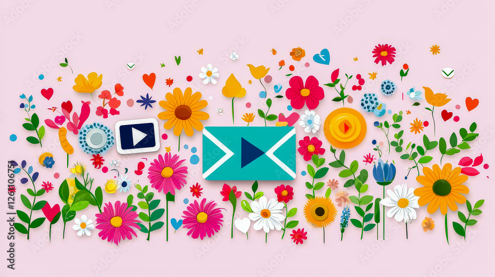 Poster creative flower arrangement with colorful shapes and designs in a whimsical layout