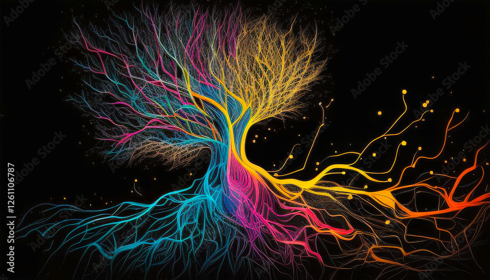Poster vibrant tree with colorful branches and roots radiating energy against a dark background
