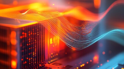 Fototapeta premium Digital Wave in Futuristic Server Room, A digital wave of orange particles flows through a futuristic server room